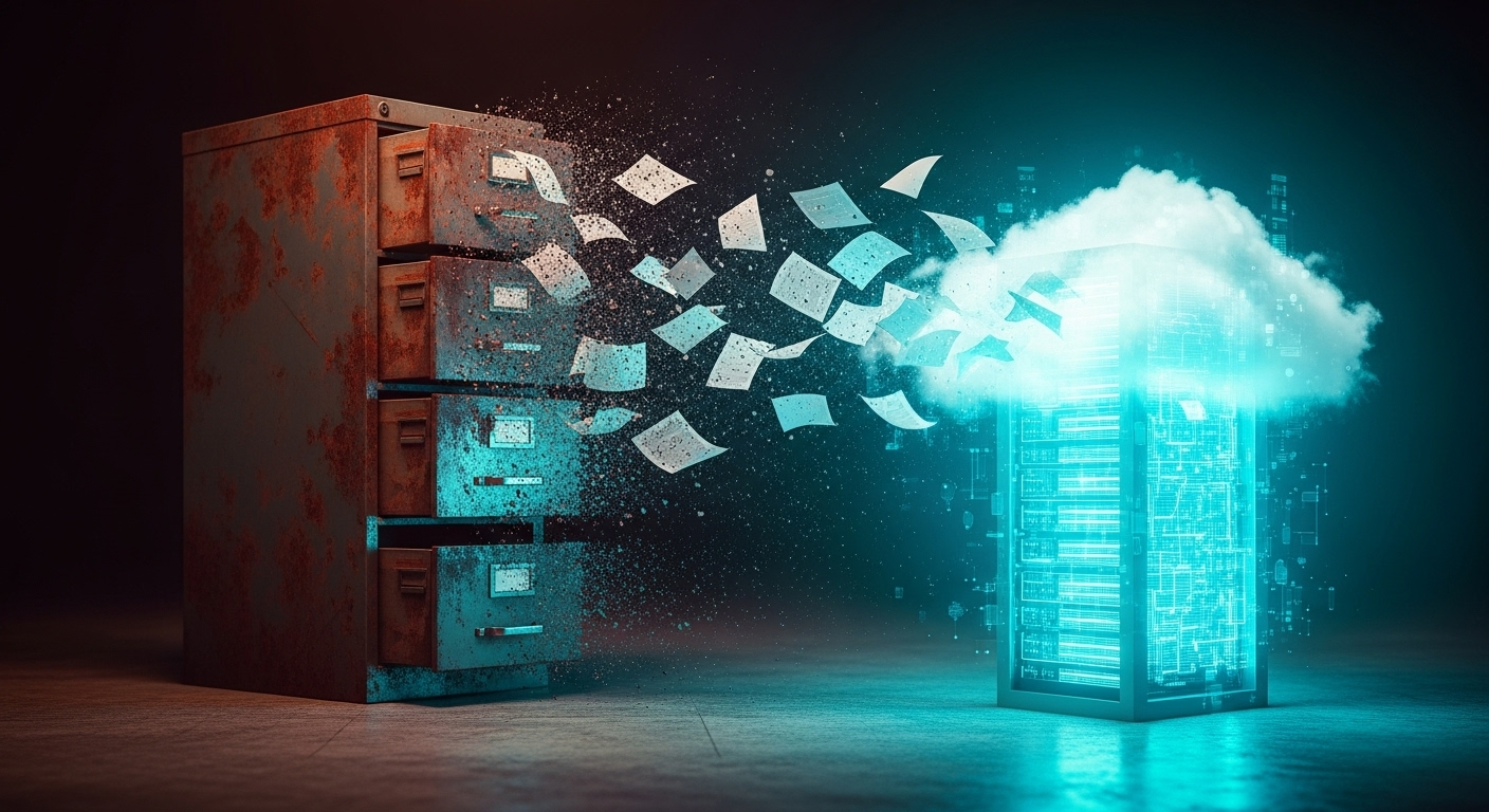 Arquivo de metal se transformando em um servidor de nuvem.