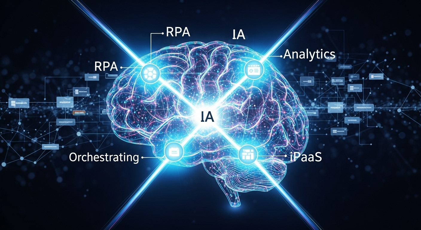 Cérebro digital orquestrando diferentes tecnologias de automação.