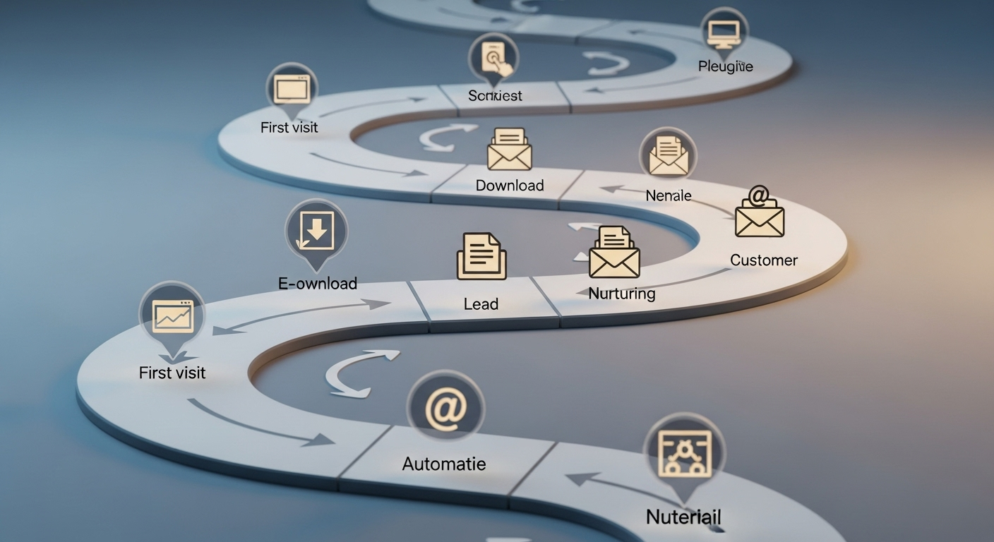 Mapa da jornada do cliente com pontos de contato automatizados, como e-mails e notificações.