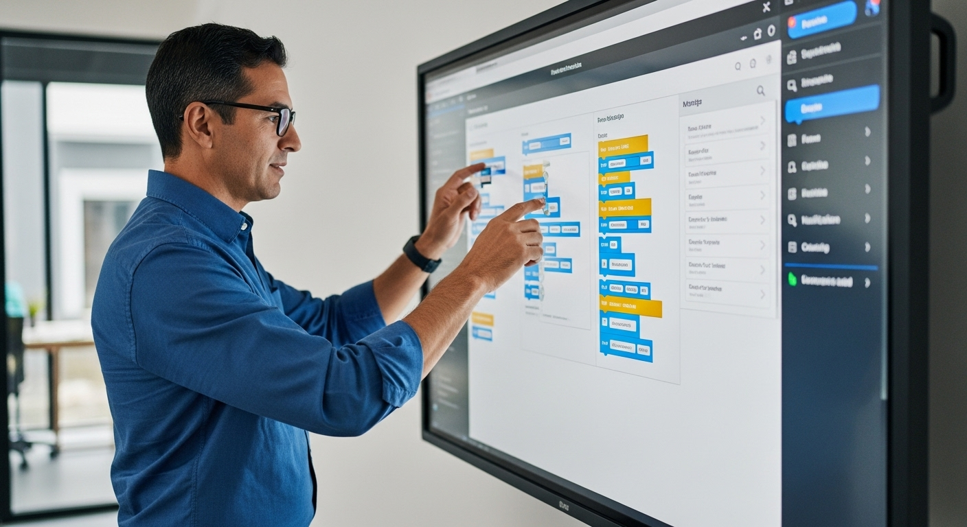 Analista de negócio montando um aplicativo usando blocos de arrastar e soltar em uma tela.