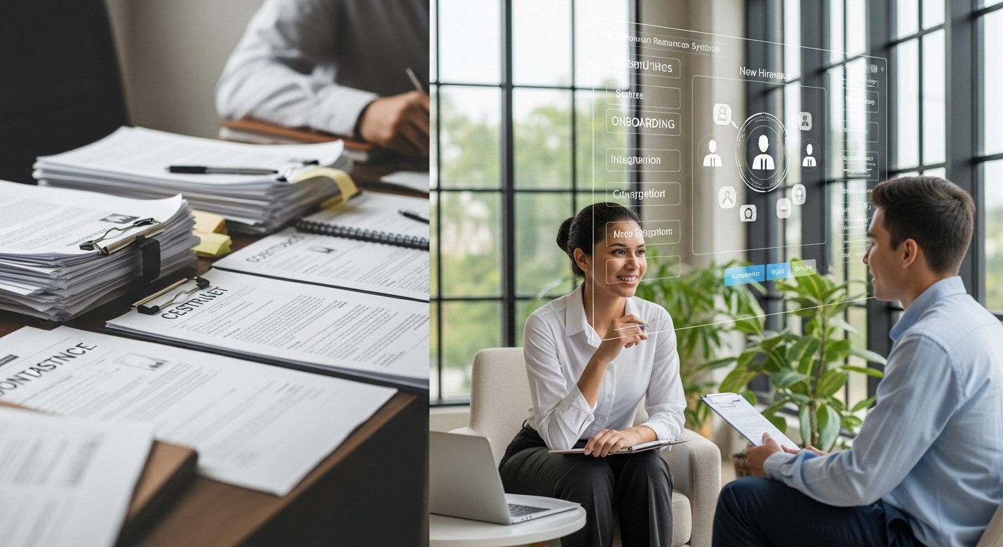 Profissional de RH focado em pessoas, com processos burocráticos automatizados ao fundo.