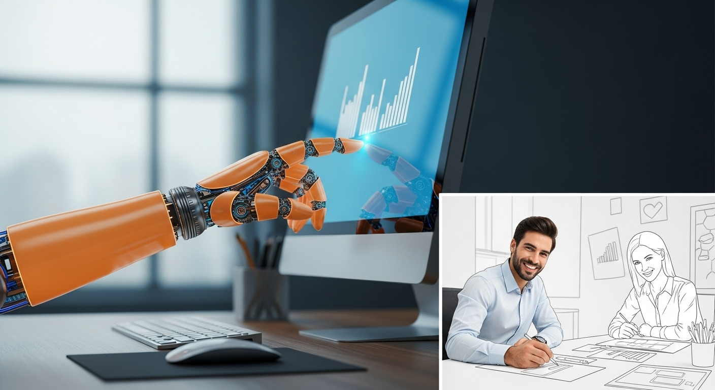 Um robô de software trabalhando em um computador, enquanto um funcionário humano foca em um gráfico estratégico.