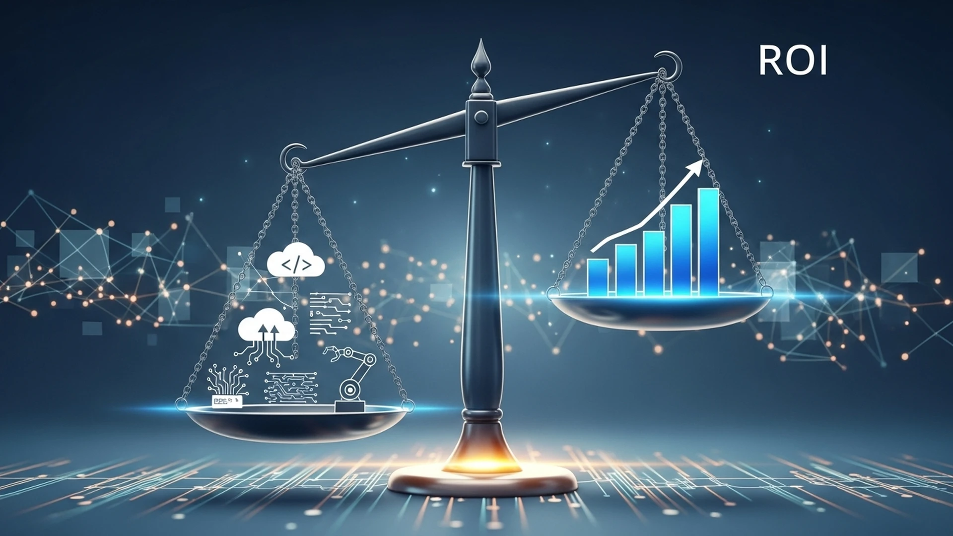 Gráfico de Retorno Sobre o Investimento (ROI) a crescer a partir de ícones de tecnologia.