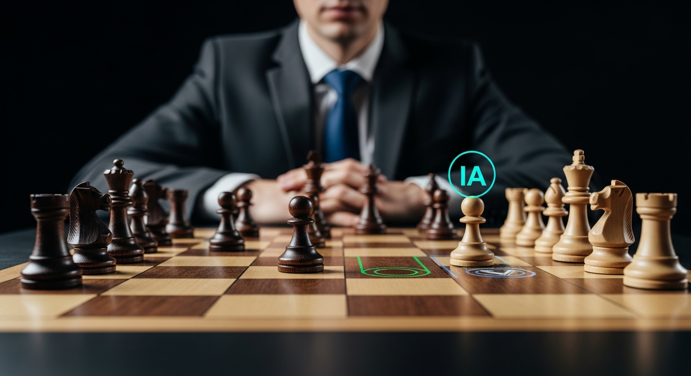 Gestor analisando um tabuleiro de xadrez estratégico com peças de IA.