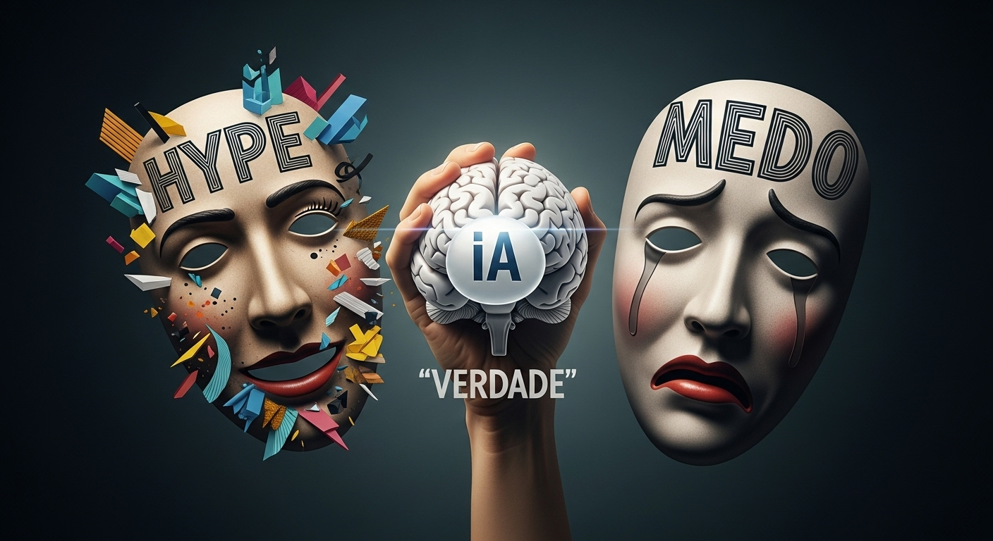 Máscaras representando o hype e o medo da IA Generativa, com uma mão segurando a verdade no centro.