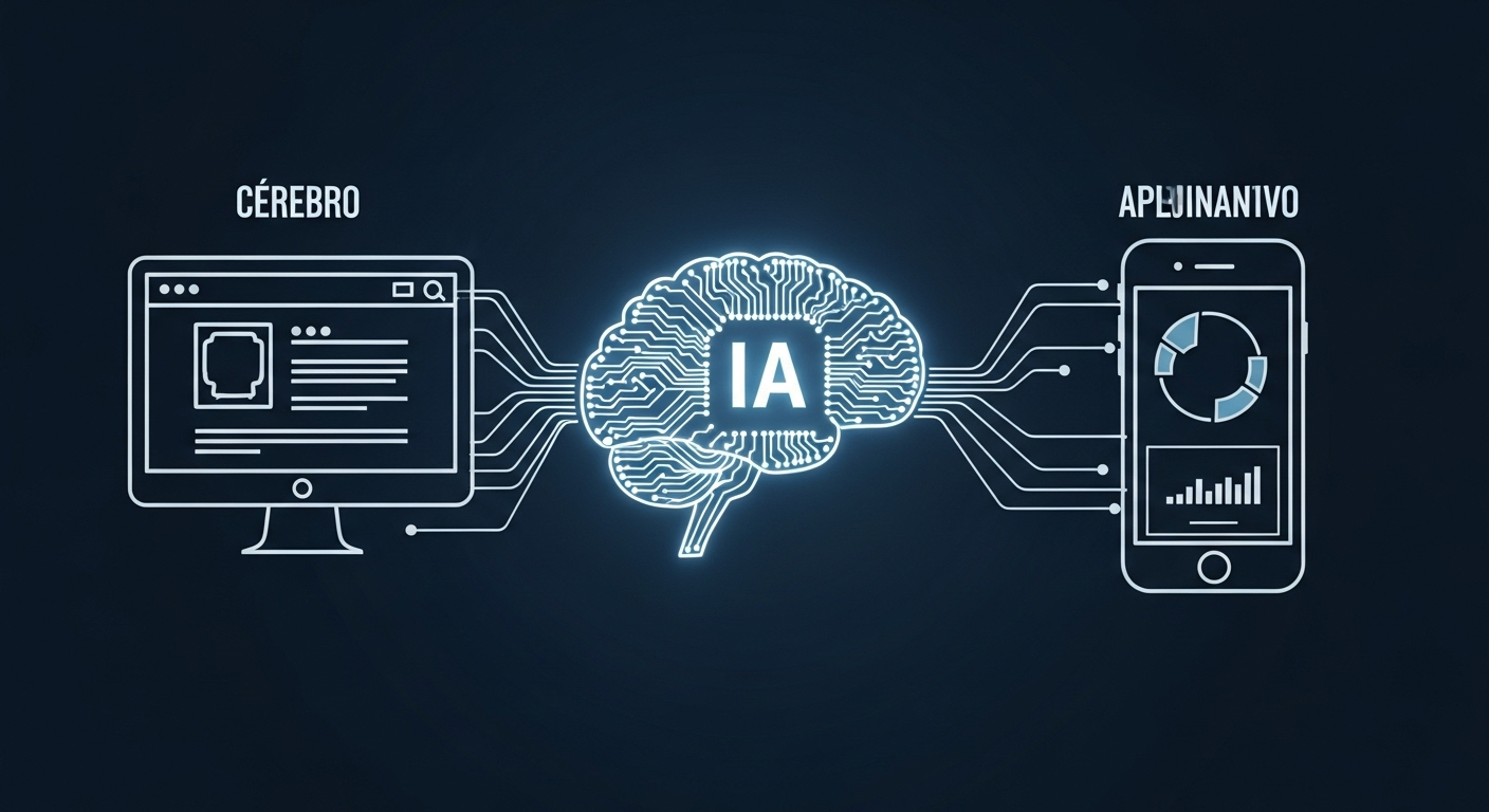Cérebro de IA alimentando um site e um aplicativo mobile com inteligência.