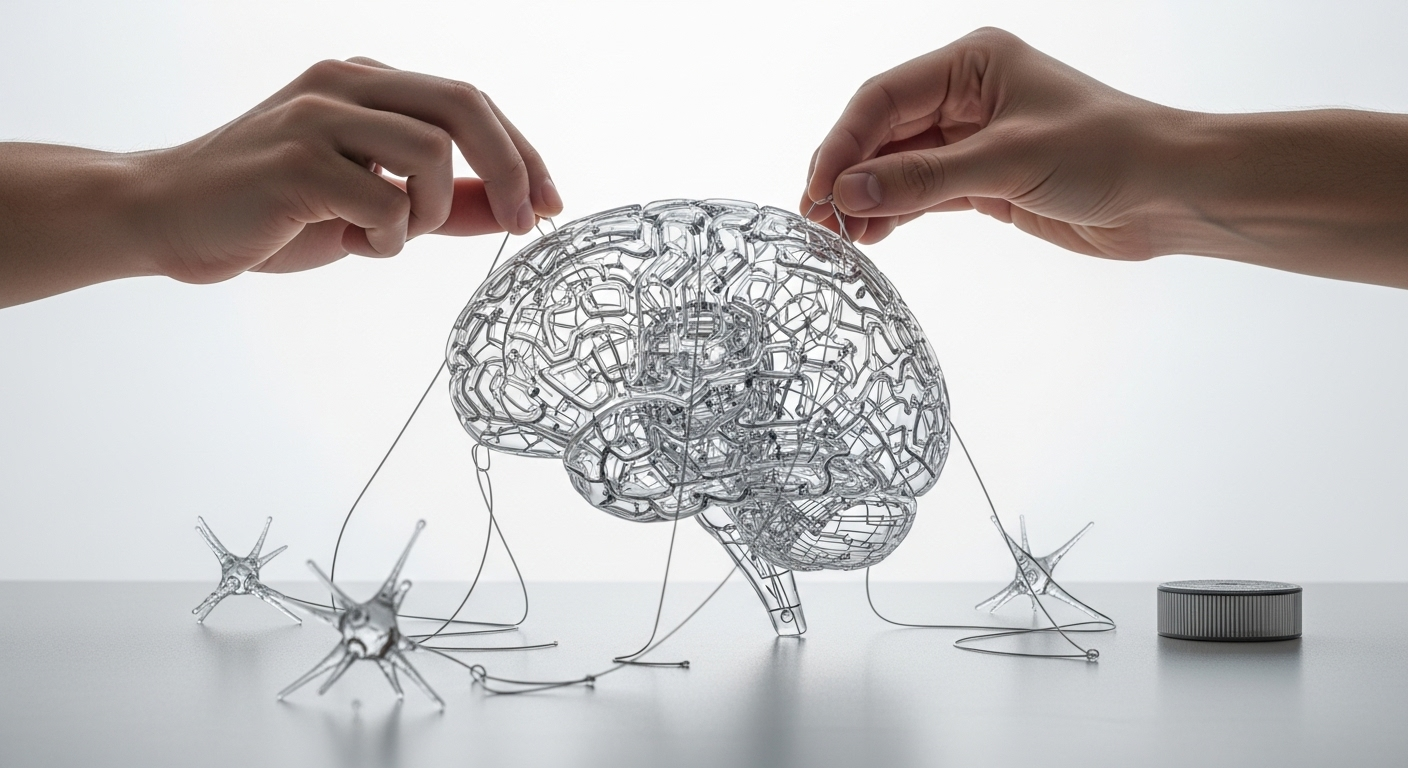 Mãos humanas construindo um cérebro de IA com peças transparentes, simbolizando ética.