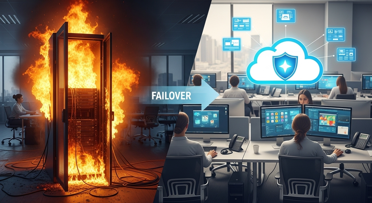 Escritório a continuar a operar após um desastre, graças à recuperação na nuvem.