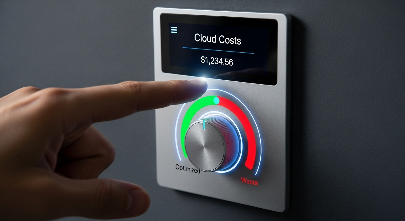 Mão otimizando os custos da nuvem em um painel digital.