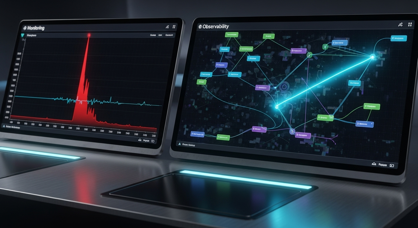 Painel de controlo de TI mostrando a diferença entre monitorização e observabilidade.