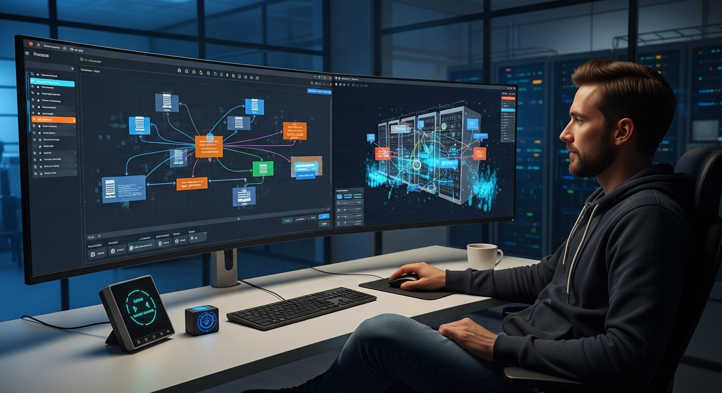 Administrador a gerir uma rede complexa a partir de um único dashboard.