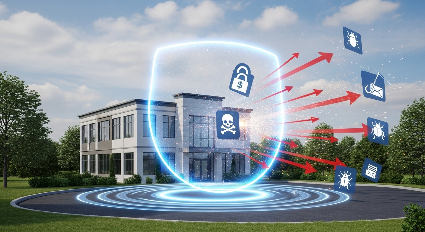 PME sendo protegida por um escudo digital contra ciberataques.