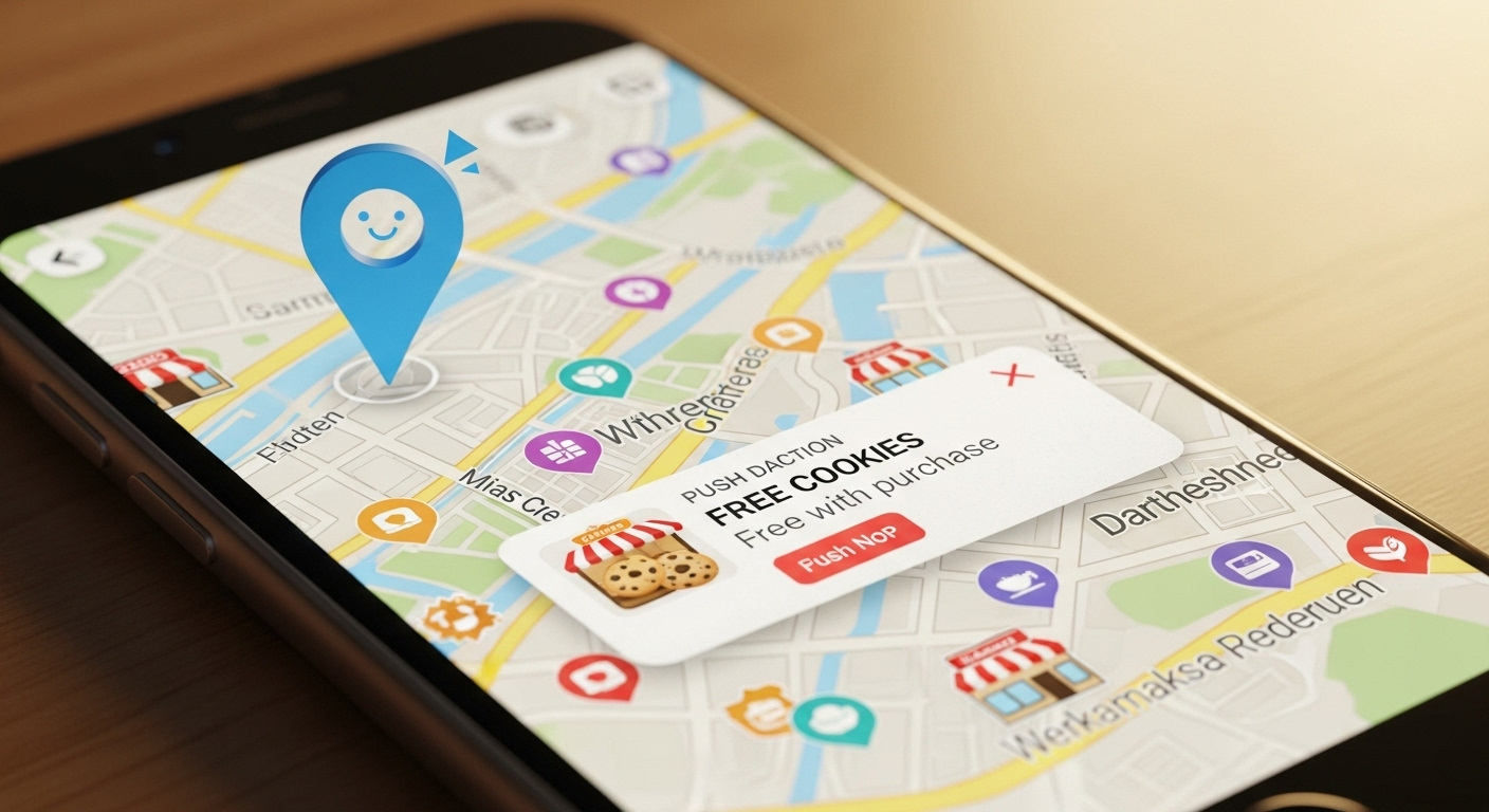 Mapa em um celular mostrando a localização do usuário e recebendo uma notificação de uma loja próxima.