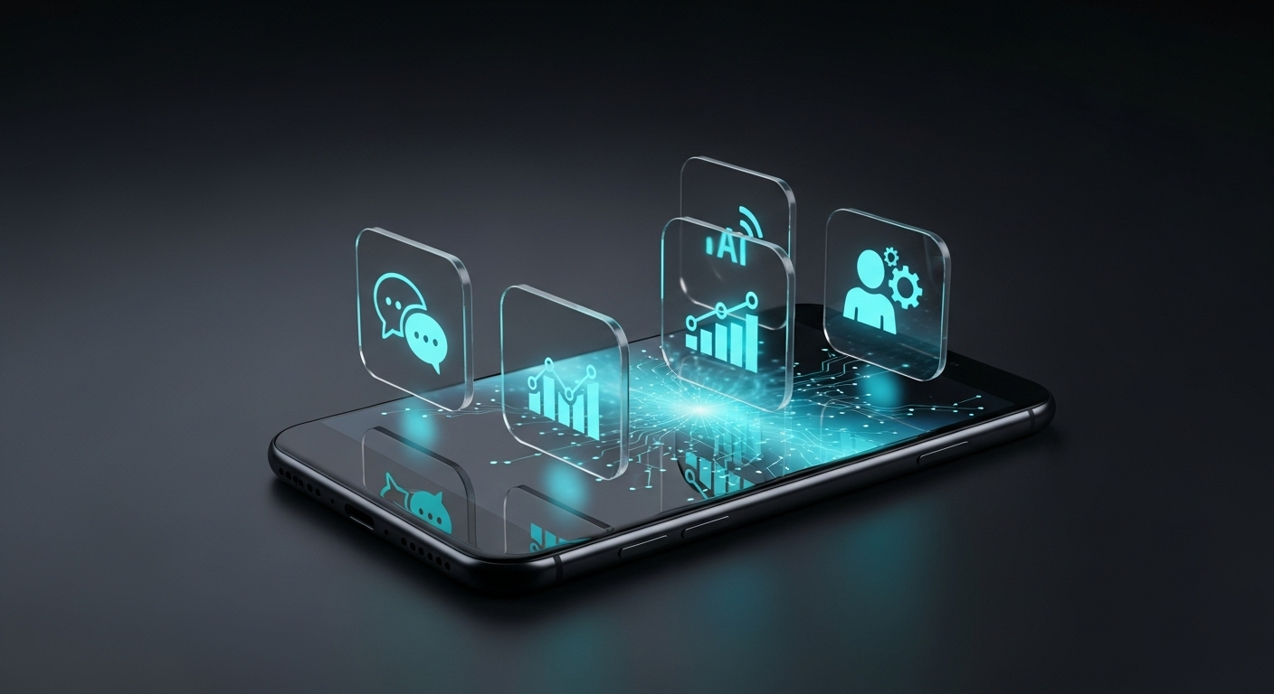 Smartphone com ícones de funcionalidades de IA emergindo da tela.