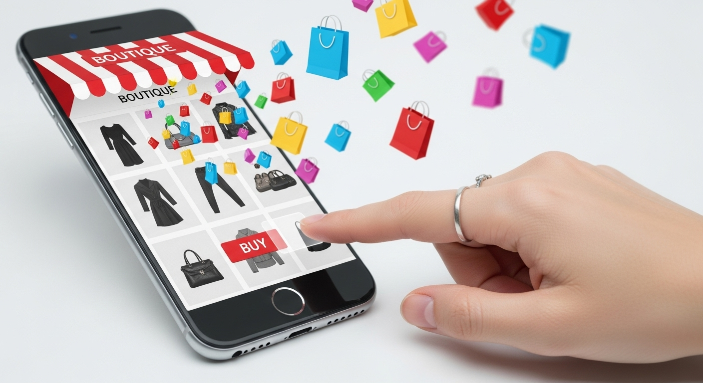 Smartphone funcionando como uma vitrine de loja digital, com um cliente interagindo e fazendo uma compra.
