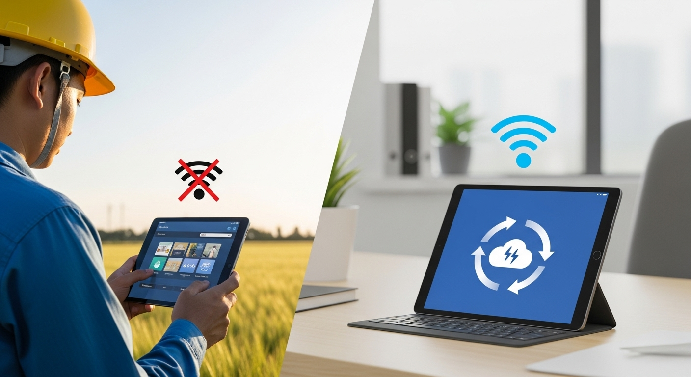 Um app funcionando em um tablet no meio de um campo (sem sinal) e depois sincronizando dados na cidade (com sinal).