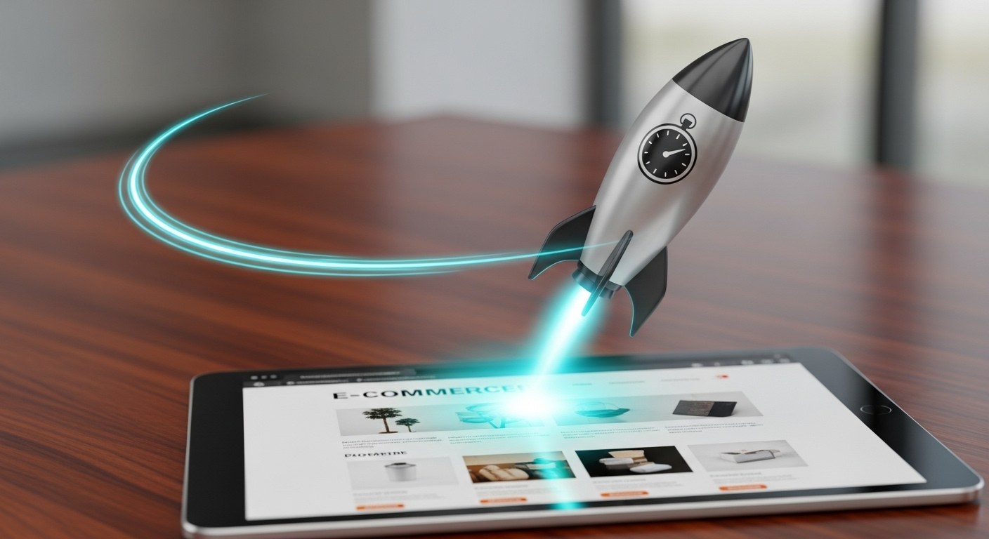 Foguete a descolar de uma página de site, simbolizando a velocidade.